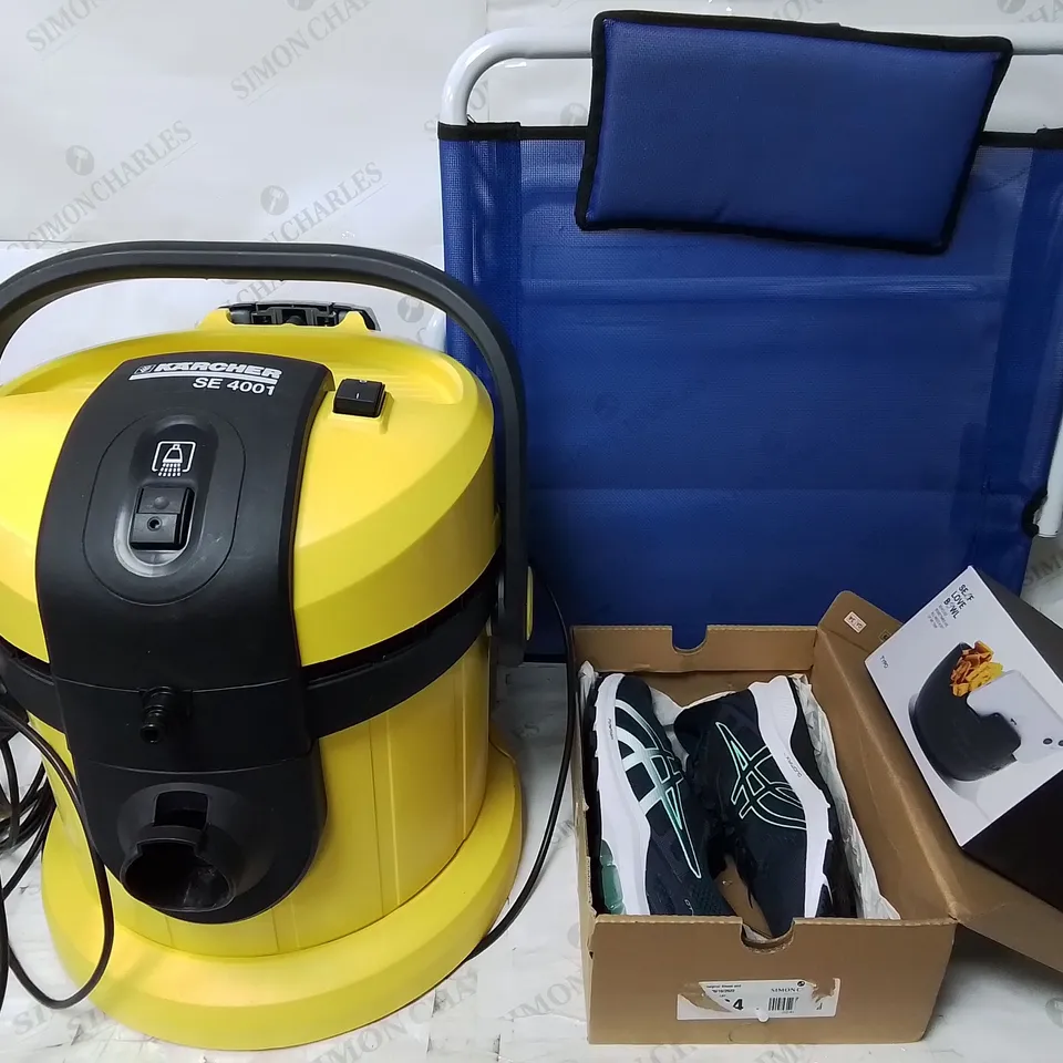LOT OF ASSORTED HOUSEHOLD ITEMS TO INCLUDE KARCHER SE 4001 PARTS,BASICS TRAI ERS, OREGON BATTERY CHARGER AND FOLDING CHAIR