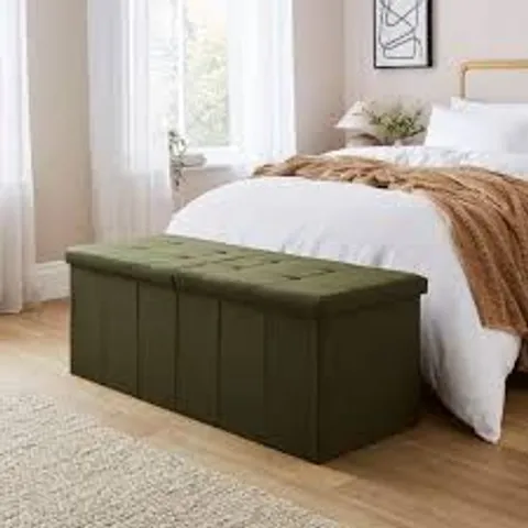 BOXED FAUX LINEN BED OTTOMAN OLIVE