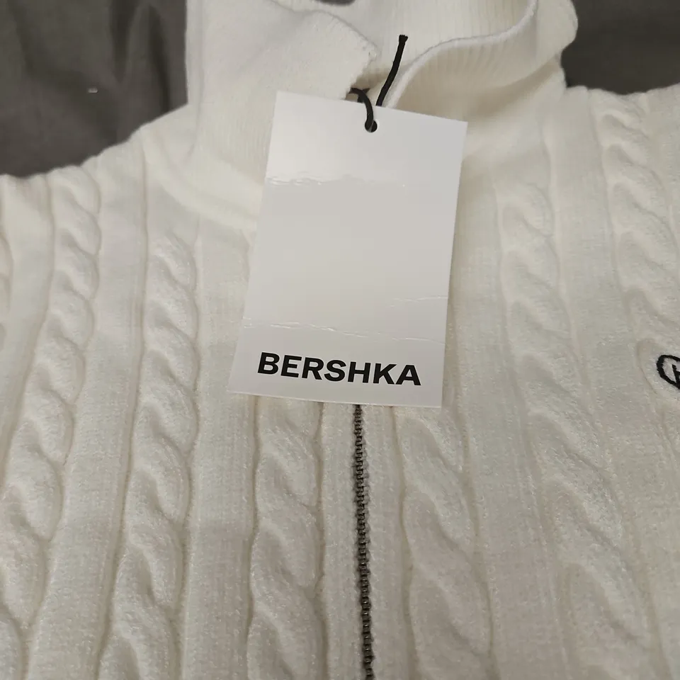 BERSHKA WHITE CABLE-KNIT ZIP CARDIGAN, WOMEN'S, SIZE UK L