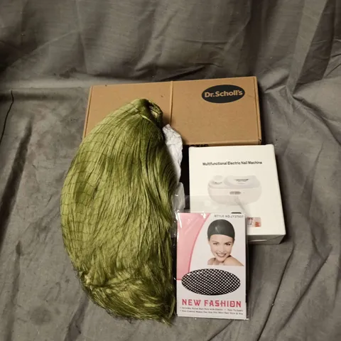 APPROXIMATELY 10 ASSORTED COSMETIC ITEMS TO INCLUDE WIGS, HAIR NETS, NAIL MACHINE, DR SCHOLL FOOT TASTIC ETC