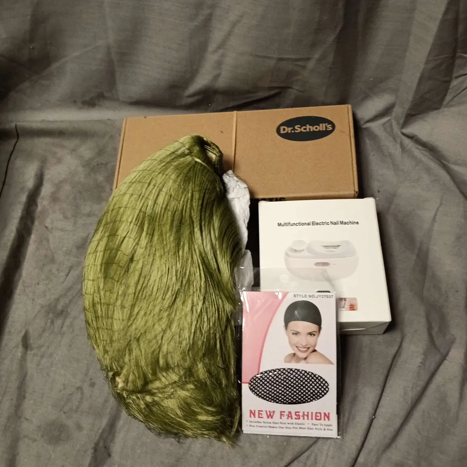 APPROXIMATELY 10 ASSORTED COSMETIC ITEMS TO INCLUDE WIGS, HAIR NETS, NAIL MACHINE, DR SCHOLL FOOT TASTIC ETC