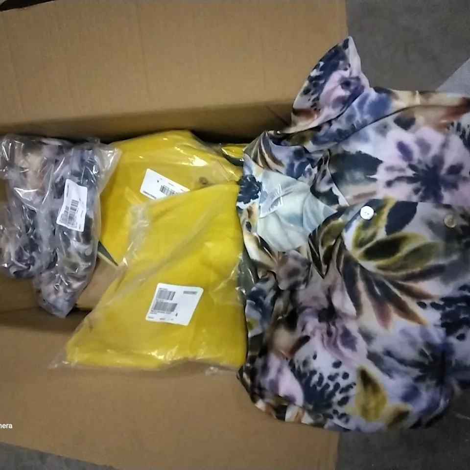 BOX OF APPROXIMATELY 30 ASSORTED BRAND NEW CLOTHING ITEMS TO INCLUDE A PAIR OF WOMEN WITH CONTROL TUM C9NTROL MEDIUM TROUSERS AND A WYNNE LAYERS LARGE FLOWERY SHIRT