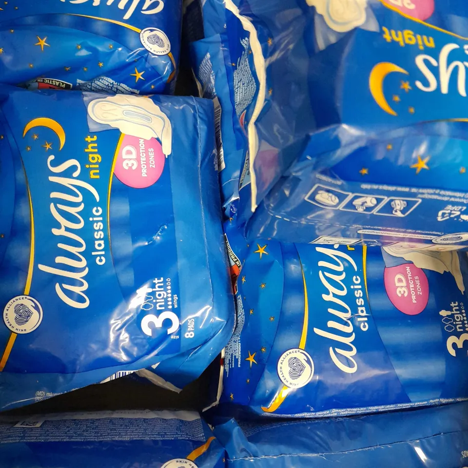 LOT OF APPROX 14 PACKS OF ASSORTED ALWAYS CLASSIC NIGHT SANITARY TOWELS & SUPER PLUS TAMPAX 