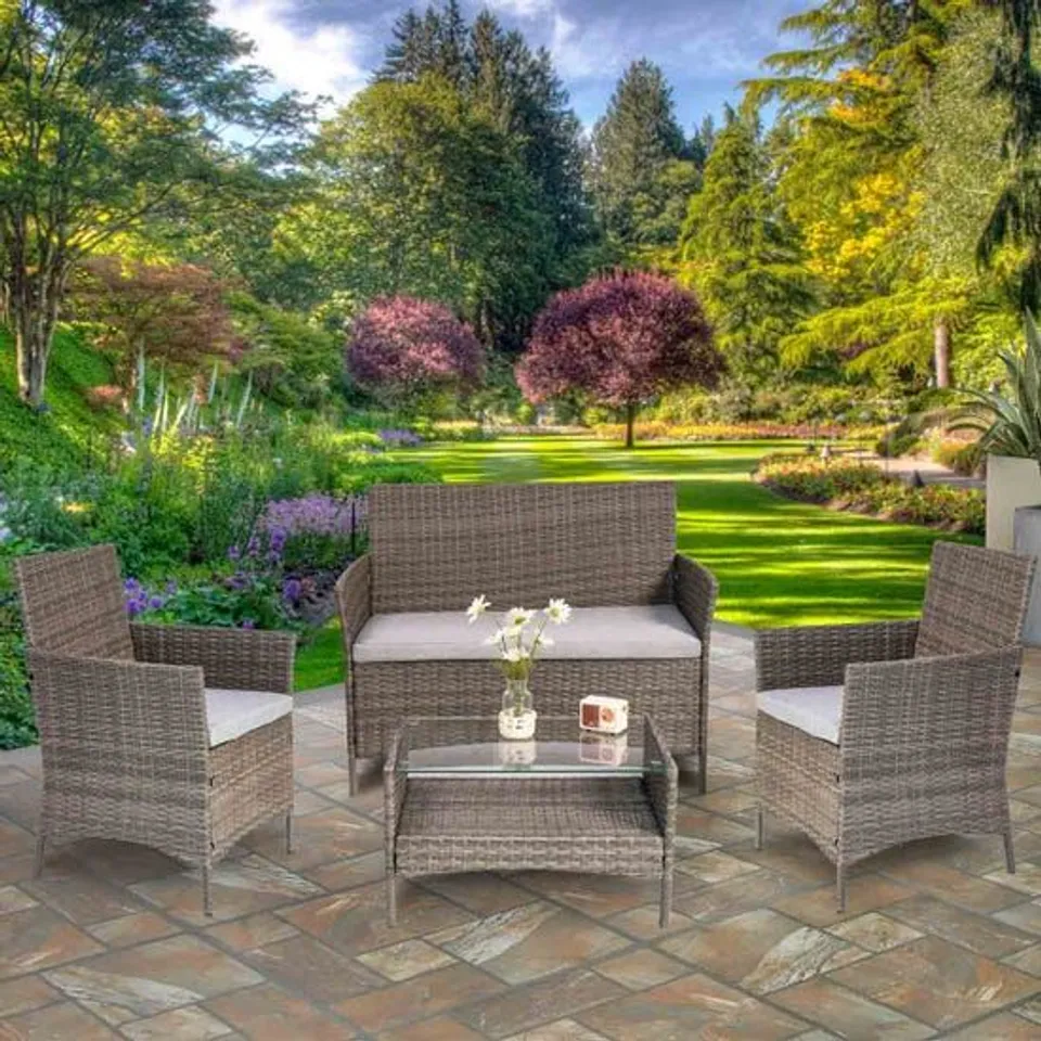 BOXED VIENNA SOFA SET, 4 SEATER RATTAN SET TABLE, 1 SOFA, 2 CHAIRS - GREY (1 BOX)