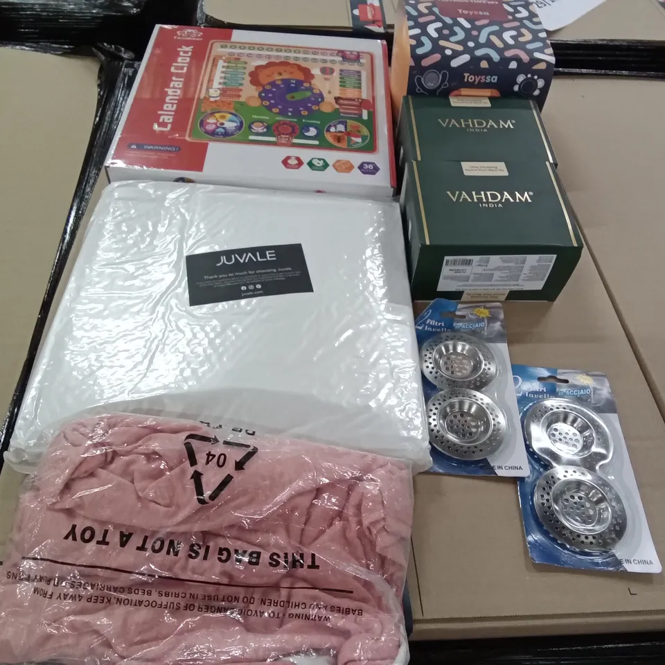 PALLET OF ASSORTED ITEMS INCLUDING VAHDAM INDIAN TEAS, 2PK STRAINER PLUGS, JUVALE 4PK CORK TILE BOARDS, TACOBEAR CALENDAR CLOCK, TOYSSA BABY RATTLE TEETHING TOYS SET 