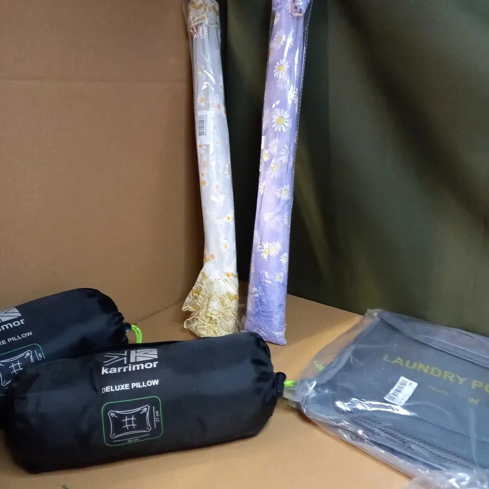 LARGE BOX OF APPROXIMATELY 20 ASSORTED HOUSEHOLD ITEMS TO INCLUDE: SLEEPING BAG LINERS, KARRIMOR CAMPING PILLOW, WEED MEMBRANE