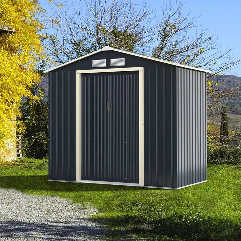 BOXED COSTWAY 7 X 4FT METAL STORAGE SHED WITH SLIDING DOUBLE LOCKABLE DOORS (2 BOXES)