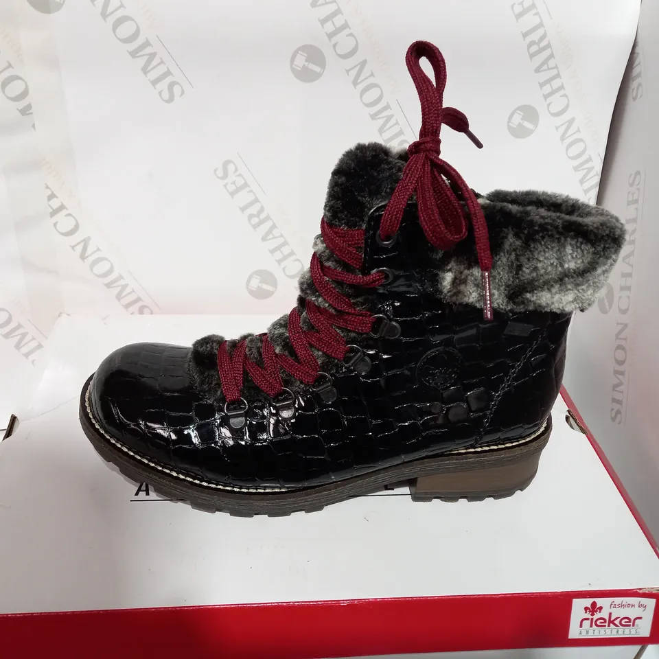 BOXED PAIR OF RIEKER BLACK CUFFED HIKING BOOTS  - SIZE 6
