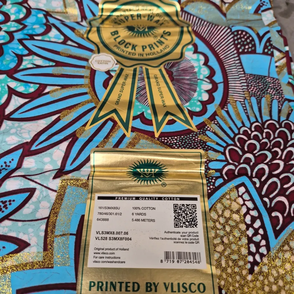 VLISCO GRAND SUPER-WAX PRINTED FABRIC – BLUE/GOLD SHINE, 100% COTTON, 6 YARDS, PRINTED IN HOLLAND