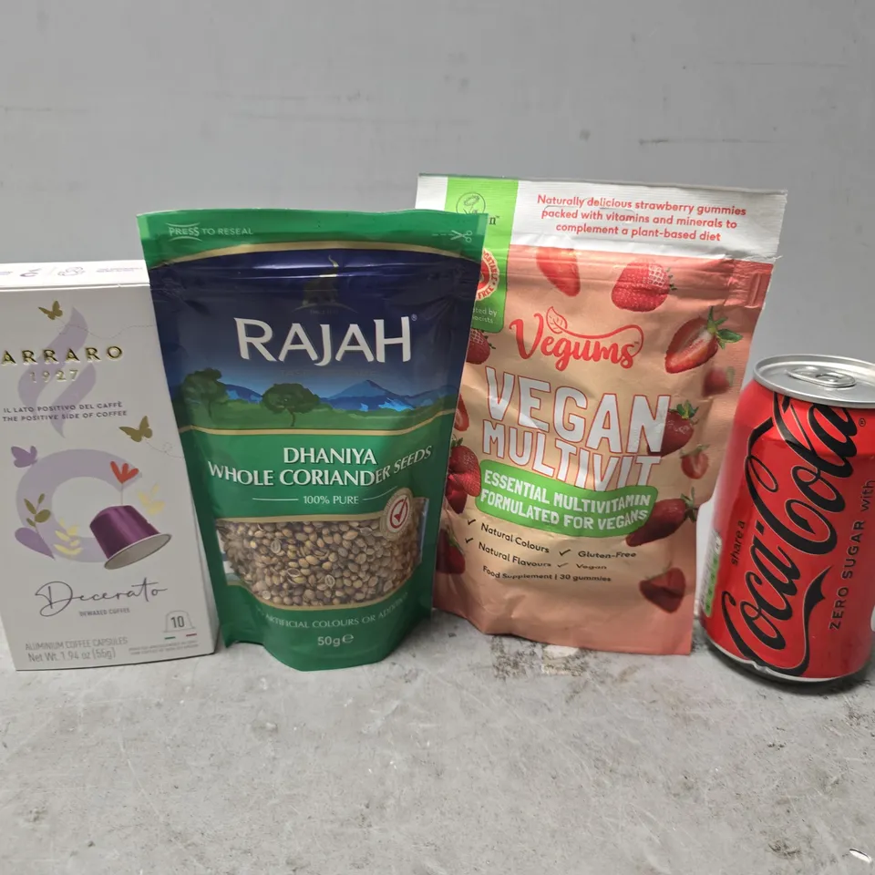 APPROXIMATELY 9 ASSORTED FOOD & DRINK ITEMS TO INCLUDE - COCA COLA , RAJAH WHOLE CARIANDER SEEDS , VEGUMS VEGAN MULTIVIT ETC