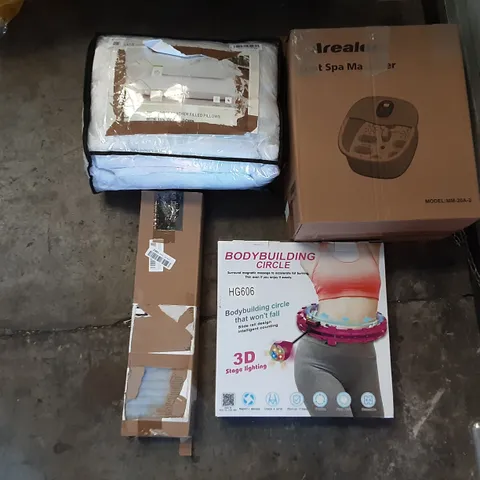 PALLET OF ASSORTED PRODUCTS INCLUDING AREALER FOOT SPA MASSAGER, BODY BUILDING CIRCLE, 2 GOOSE FEATHER FILLED PILLOWS