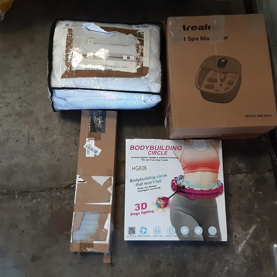 PALLET OF ASSORTED PRODUCTS INCLUDING AREALER FOOT SPA MASSAGER, BODY BUILDING CIRCLE, 2 GOOSE FEATHER FILLED PILLOWS 