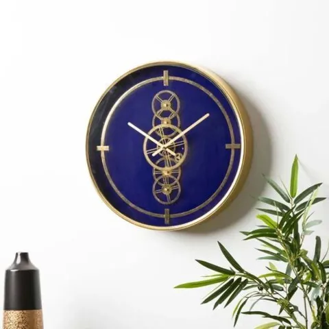 BOXED HOUSE ADDITIONS METAL GLASS ROUND CONTEMPORARY WALL CLOCK BLUE AND GOLD 46CM
