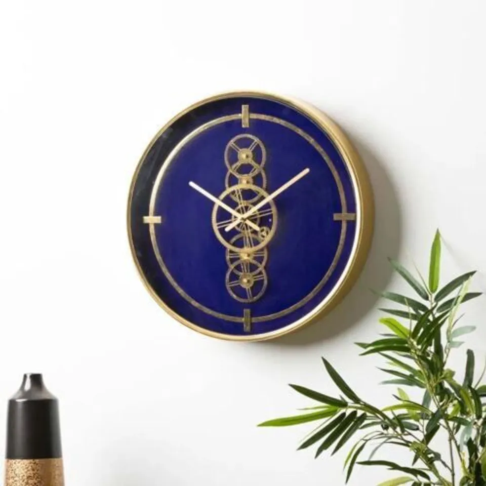 BOXED HOUSE ADDITIONS METAL GLASS ROUND CONTEMPORARY WALL CLOCK BLUE AND GOLD 46CM