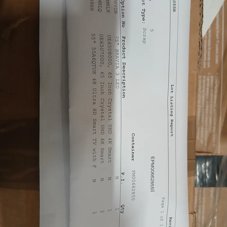 PALLET OF FIVE ASSORTED WAREHOUSE DAMAGED TV'S TO INCLUDE;
