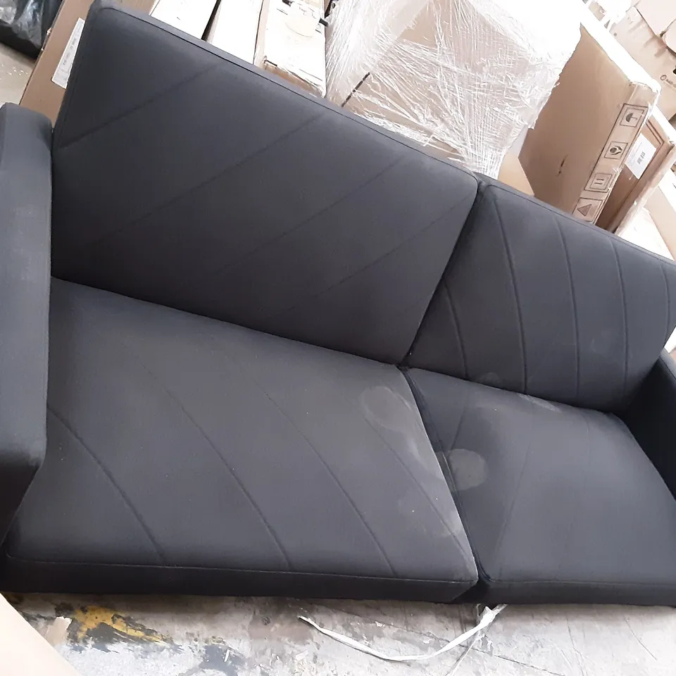 BLACK 2 SEATER CLICK CLACK SOFA BED NO LEGS  - HAS SOME STAINS AND RIPS 