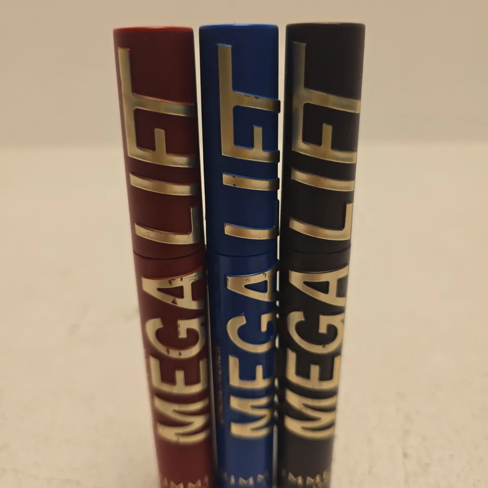 RIMMEL LONDON MEGA LIFT MASCARA 3-VOLUME SET – RED, BLUE & BLACK SPINES 