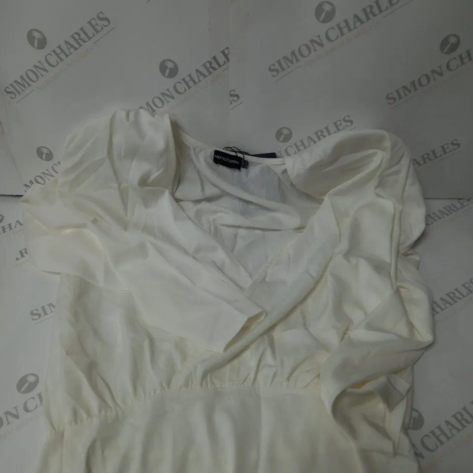 PRETTYLITTLETHING WHITE SATIN PLUNGE OVERSIZED SHOULDER PAD SHIRT DRESS - 8