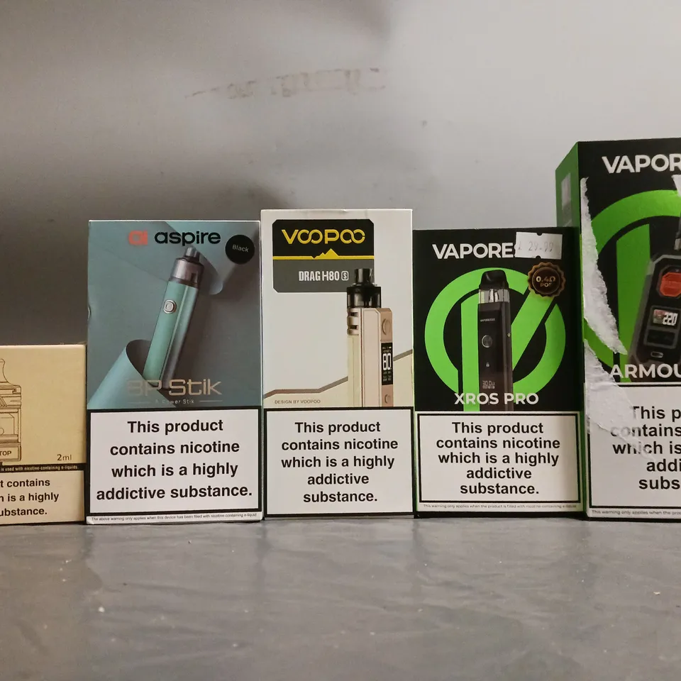 BOX OF APPROXIMATELY 22 ASSORTED E-CIGARETTES TO INCLUDE - VAPORESSO, VOOPOO , ASPIRE ETC