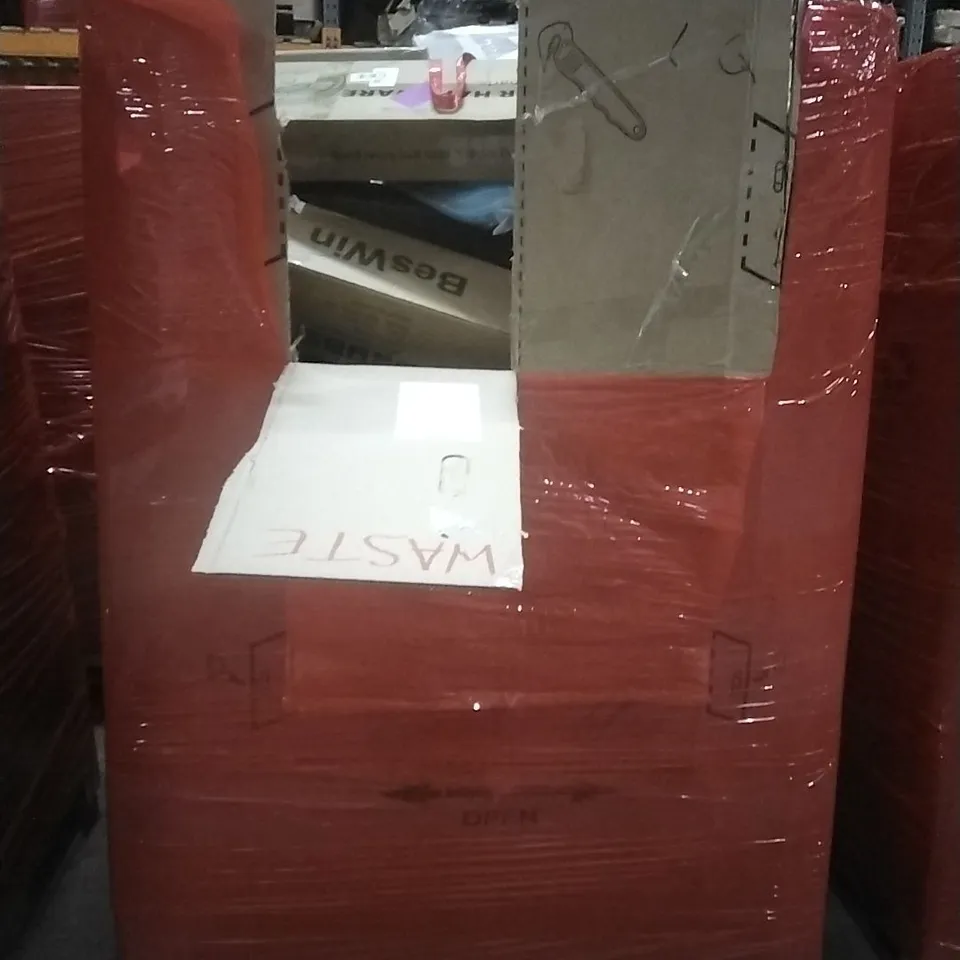 PALLET OF ASSORTED ITEMS TO INCLUDE; SLIDING BARN DOOR HARDWARE, WATER BAG, DIY FAIRY LIGHTS