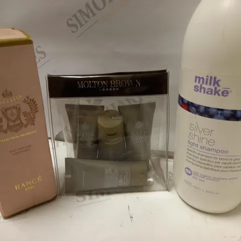 LOT OF 3 ITEMS INCLUDING MILK_SHAKE SILVER SHINE LIGHT SHAMPOO, MOLTON BROWN CONDITIONER 4 X 30ML, LAETITIA COLLECTION IMPERIAL RANCE 1795