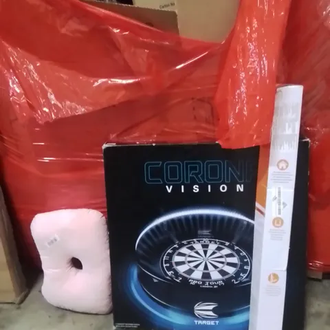 PALLET OF ASSORTED HOUSEHOLD GOODS AND PRODUCTS TO INCLUDE;NECK PILLOW,RETRACTABLE SAFETY GATE,TARGET VISION 