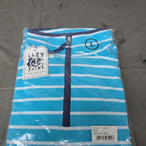 LAZY JACKS STRIPED ZIP-FRONT TOP, SIZE L, BLUE