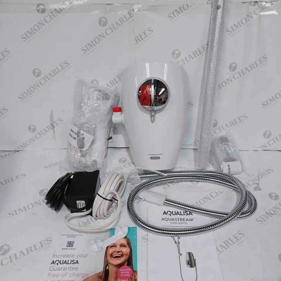 AQUALISA AQUASTREAM ELECTRIC POWER SHOWER, PUMPED MIXED SHOWER WITH AN ADJUSTABLE HEAD, WHITE/CHROME // MODEL: 813.40.21