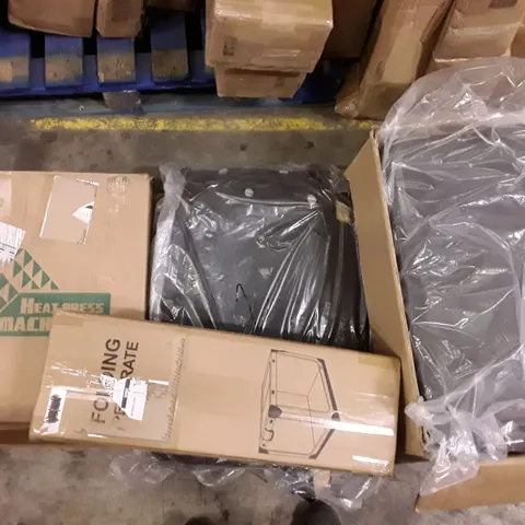 PALLET OF ASSORTED PRODUCTS INCLUDING HEATED PRESS, FOLDING PET CRATE, CAR SEAT COVERS AND COOLERS ECT