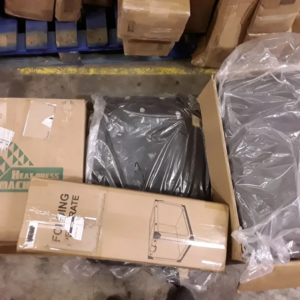 PALLET OF ASSORTED PRODUCTS INCLUDING HEATED PRESS, FOLDING PET CRATE, CAR SEAT COVERS AND COOLERS ECT