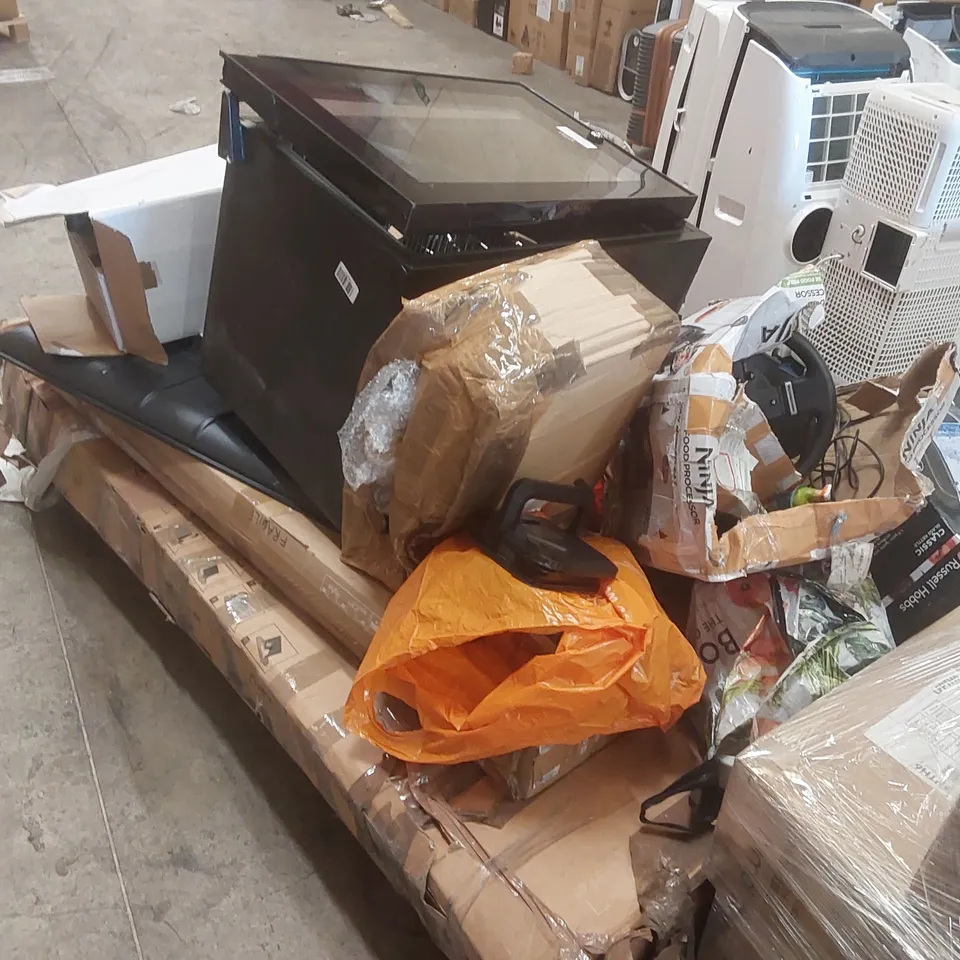 PALLET CONTAINING A LARGE QUANTITY OF ASSORTED ITEMS INCLUDING: DAMAGED TVS, FRIDGE ECT