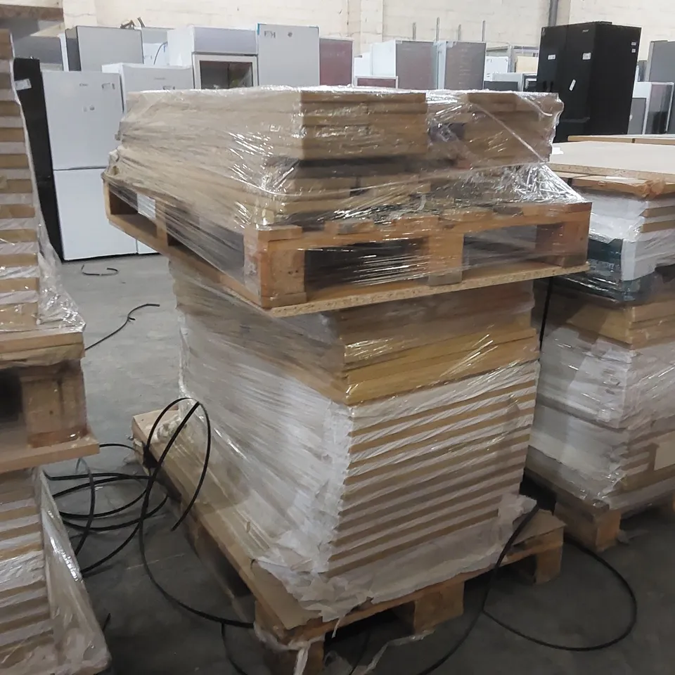 PALLET OF APPROXIMATELY 80 BRAND NEW CANTERBURY LISSA OAK KITCHENS/BEDROOM REPLACEMENT CABINET DOOR/DRAWER/END PANELS IN ASSORTED SIZES TO INCLUDE;