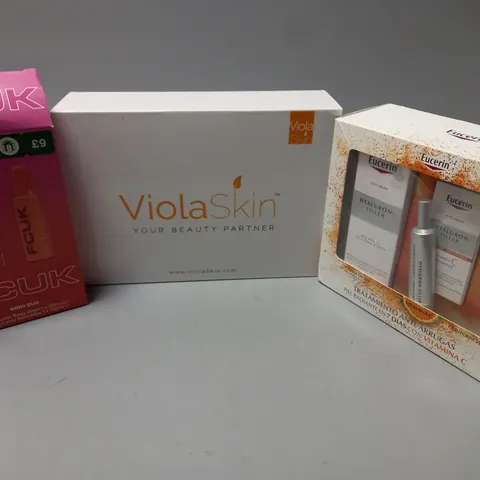 APPROXIMATELY 10 FRAGRANCE AND COSMETIC BOXSETS TO INCLUDE FCUK BODY DUO, VIOLA SKIN SET, EUCERIN HYALURON-FILLER SPF15 COMBINATION NORMAL SKIN 50ML SET 3, ETC