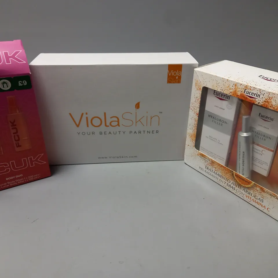 APPROXIMATELY 10 FRAGRANCE AND COSMETIC BOXSETS TO INCLUDE FCUK BODY DUO, VIOLA SKIN SET, EUCERIN HYALURON-FILLER SPF15 COMBINATION NORMAL SKIN 50ML SET 3, ETC