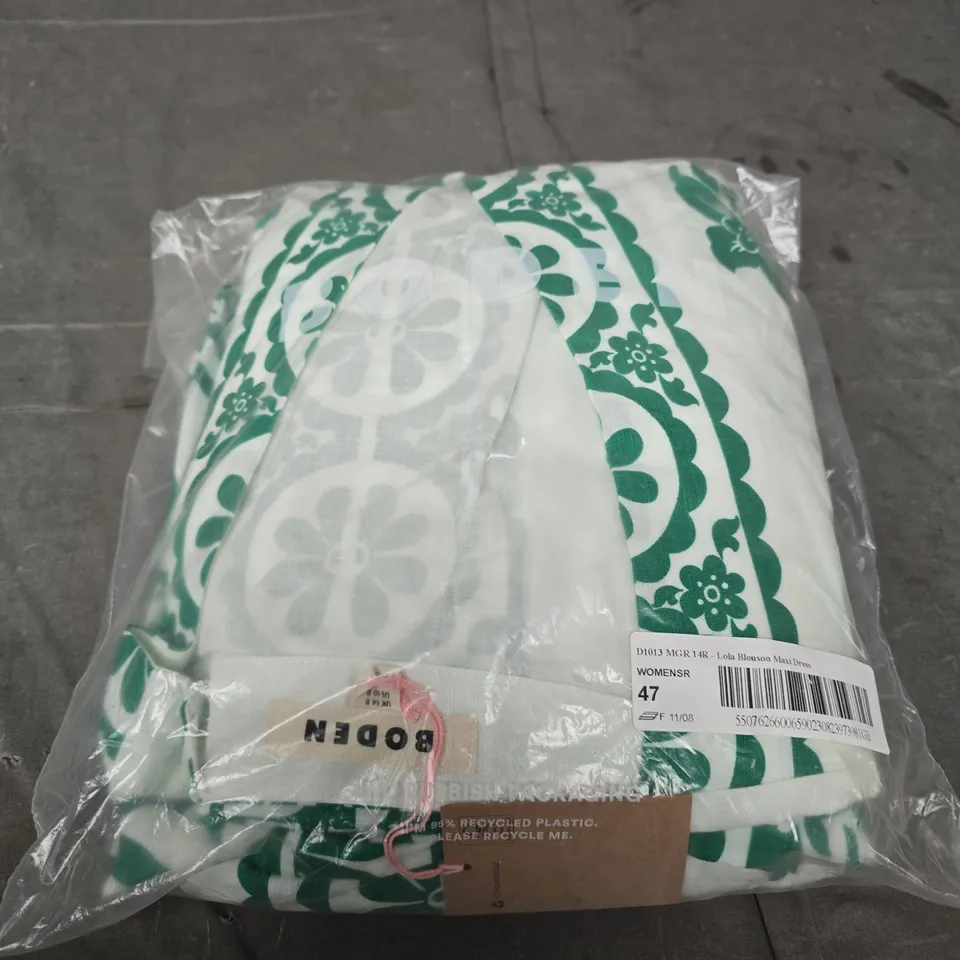 BODEN LOLA BLOUSON MAXI DRESS – WOMEN'S GREEN/WHITE PRINT (SIZE 47)