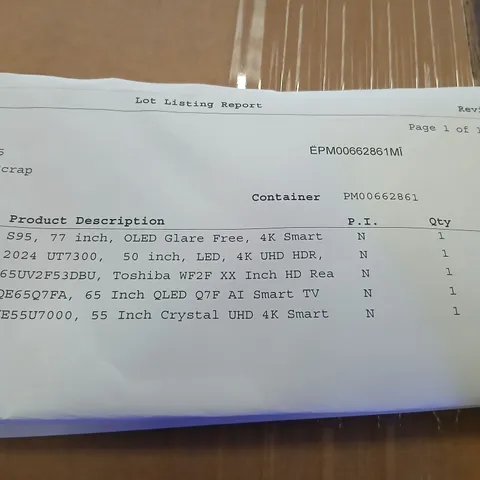 PALLET OF FIVE ASSORTED WAREHOUSE DAMAGED TV'S TO INCLUDE;