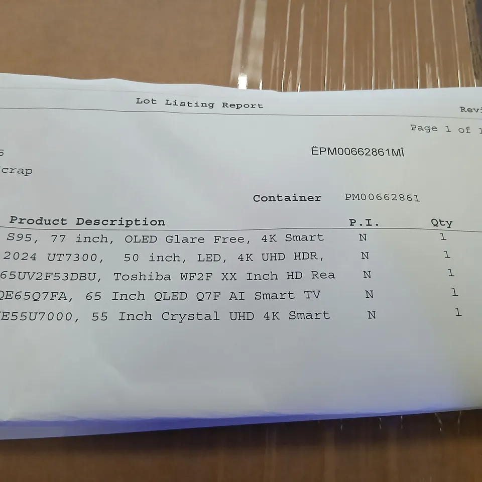 PALLET OF FIVE ASSORTED WAREHOUSE DAMAGED TV'S TO INCLUDE;