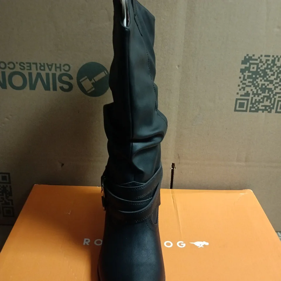 BOXED PAIR OF ROCKET DOG Women's Black Buckle-Strap Mid-Calf Boot - UK SIZE 8