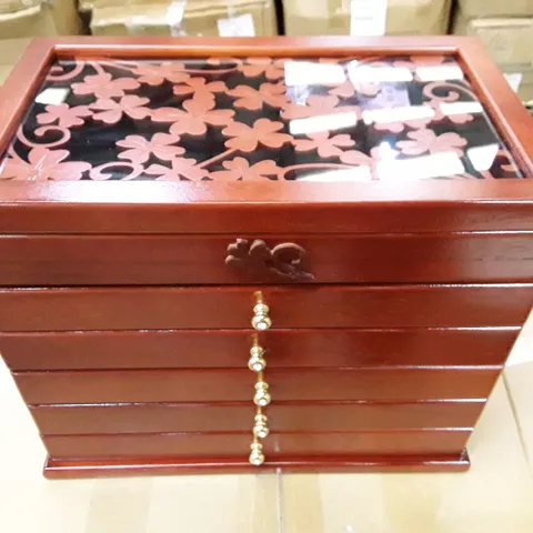 BOXED 6 TIER RED WOODEN JEWELLERY BOX