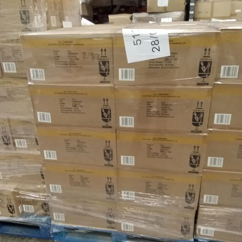 PALLET TO CONTAIN APPROXIMATELY 50 BOXES OF BRAND NEW GARDEN SOLAR STAKE LIGHTS // 36 STAKE LIGHTS PER BOX