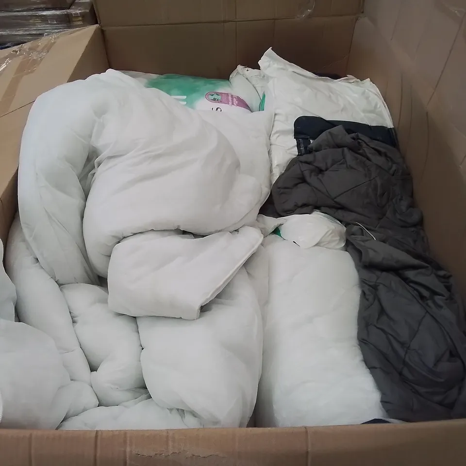 TWO LARGE BOXES OF ASSORTED DUVETS, WEIGHTED BLANKETS AND PILLOWS