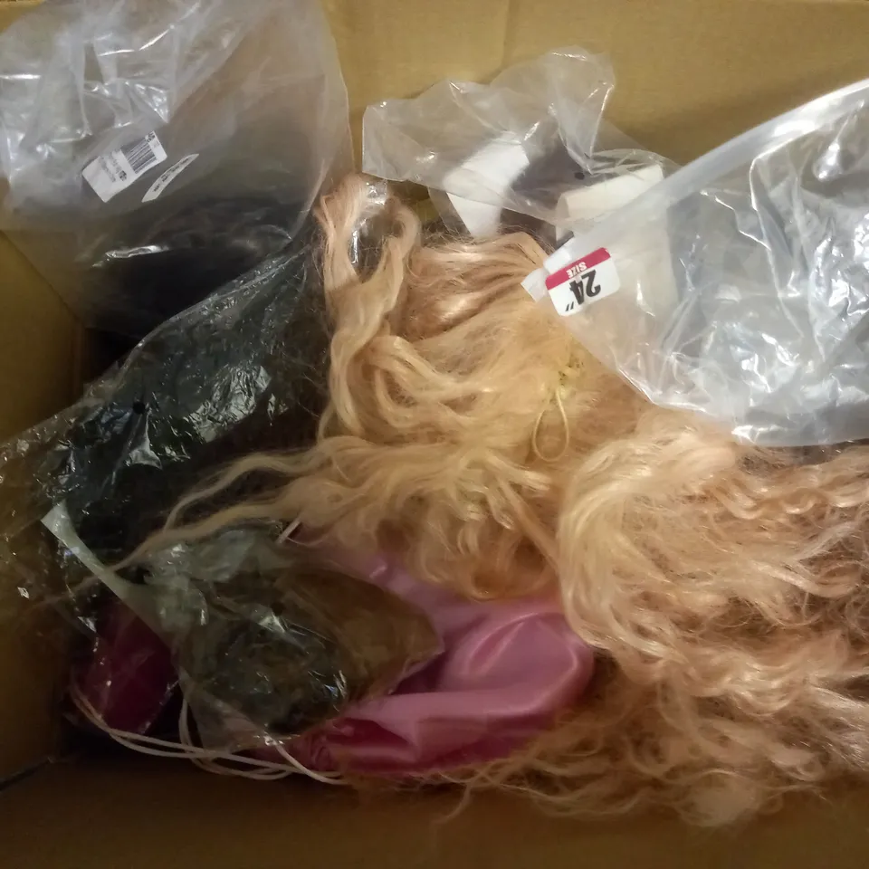 APPROXIMATELY 20 WIGS AND HAIR PIECES. ASSORTED COLOURS, SIZES AND STYLES