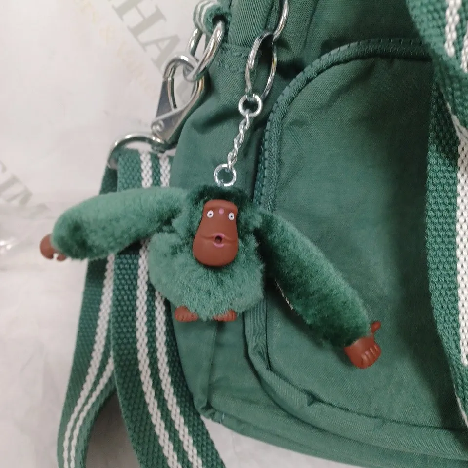 KIPLING LIVE LIGHT MEDIUM CANVAS BAG. MULTIPLE COMPARTMENTS. CUTE GORILLA KEYRING GREEN AND WHITE