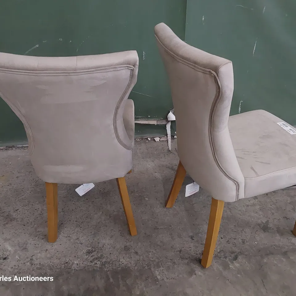 PAIR OF UPHOLSTERED BUTTONED BACK DINING CHAIRS BEIGE PLUSH FABRIC ON NATURAL WOOD LEGS 