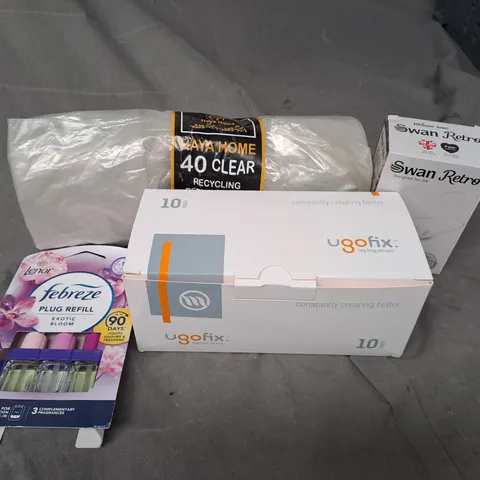 APPROXIMATELY 20 ASSORTED HOUSEHOLD PRODUCTS TO INCLUDE CLEAR BIN BAGS, FEBREZE PLUG IN REFILL AND SWAN NECK FAN