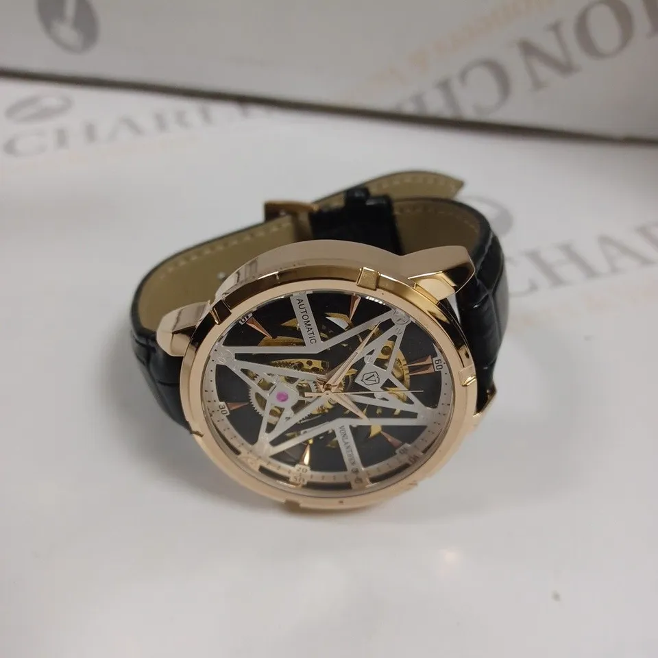 MENS VONLANTHEN AUTOMATIC SKELETON WATCH – V110 - GLASS EXHIBITION BACKCASE – BLACK LEATHER STRAP