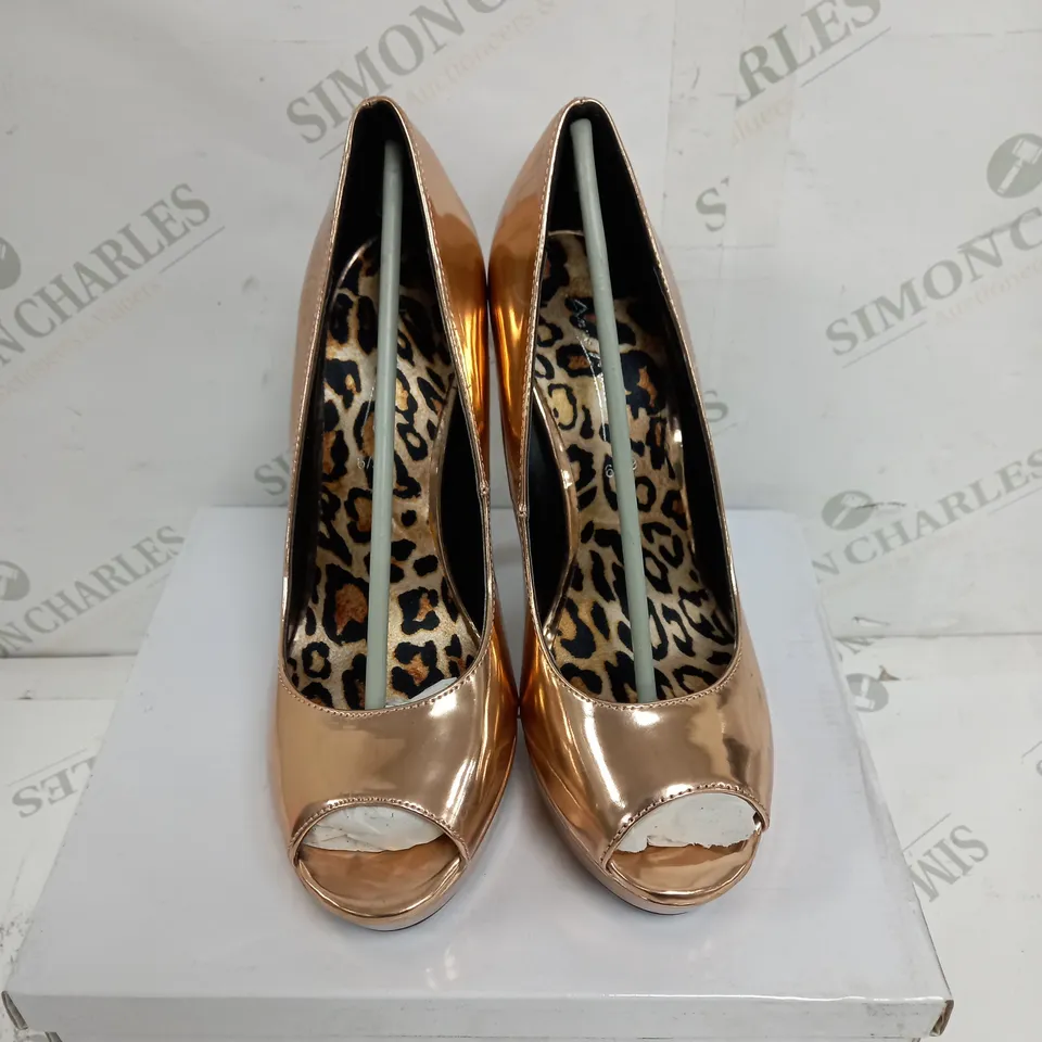 APPROXIMATELY 12 BOXED PAIR OF ANNE MICHELLE OPEN TOE HIGH HEELED PLATFORM SHOES IN ROSE GOLD TO INCLUDE SIZES 3, 5, 6, 7 