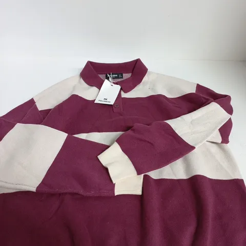 PULL&BEAR STRIPED POLO KNIT – BURGUNDY & CREAM, UK L