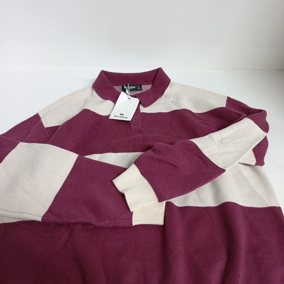 PULL&BEAR STRIPED POLO KNIT – BURGUNDY & CREAM, UK L
