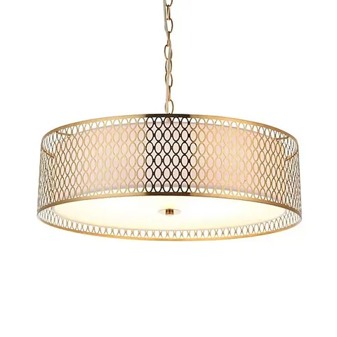 BOXED LUMINOSA CORDERO SINGLE PENDANT CEILING LAMP, GOLD EFFECT PLATE, WHITE FABRIC, FROSTED GLASS
